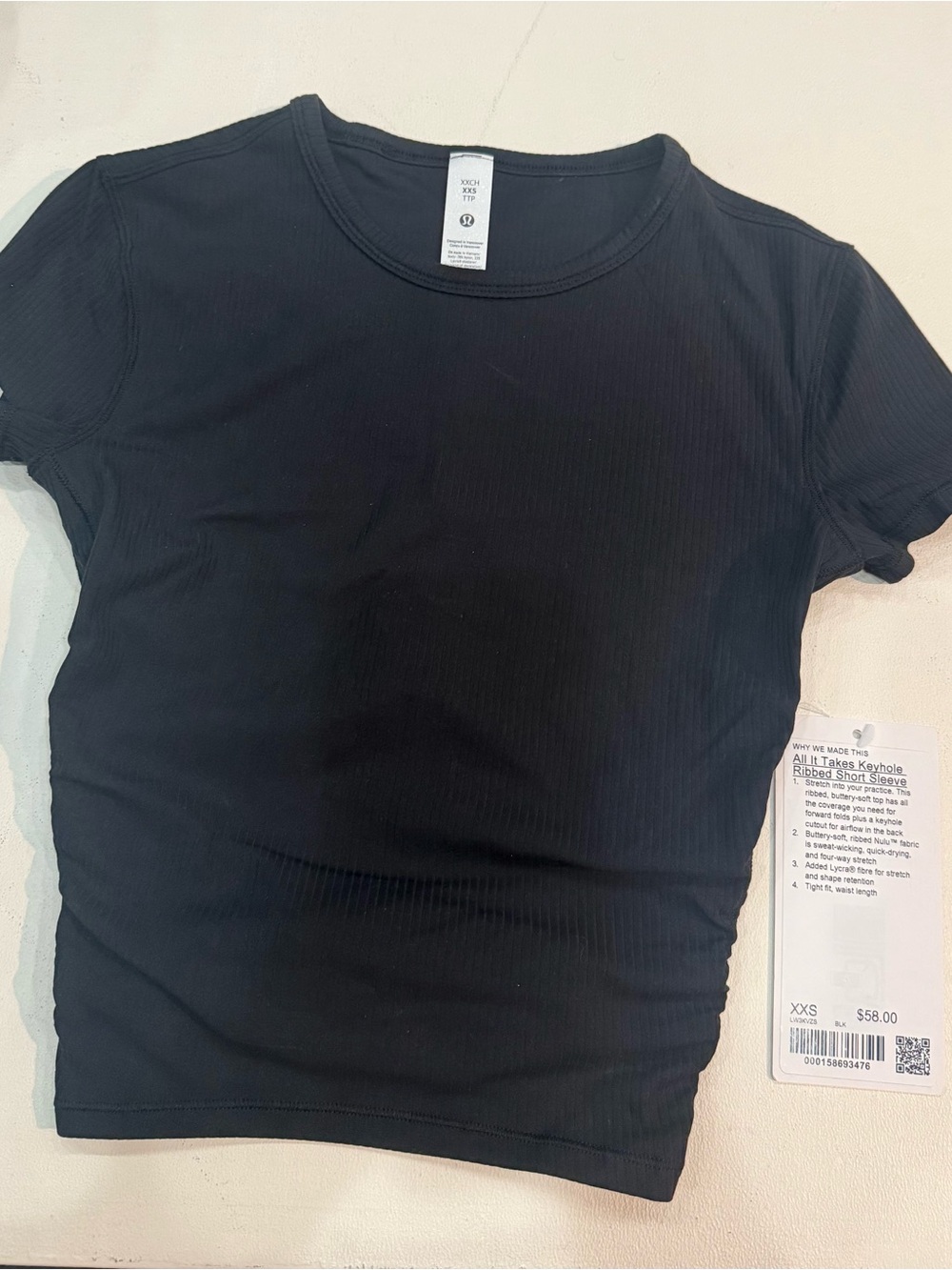 NWT lululemon athletica “All it Takes” Black Ribbed Short Sleeve Crop Top